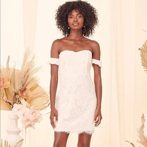 open lace back dress Colors 3347 Short Ruffle Sequin Lace Dress Homecoming Formal Puff Sleeve Formal Gown 14 / Off White